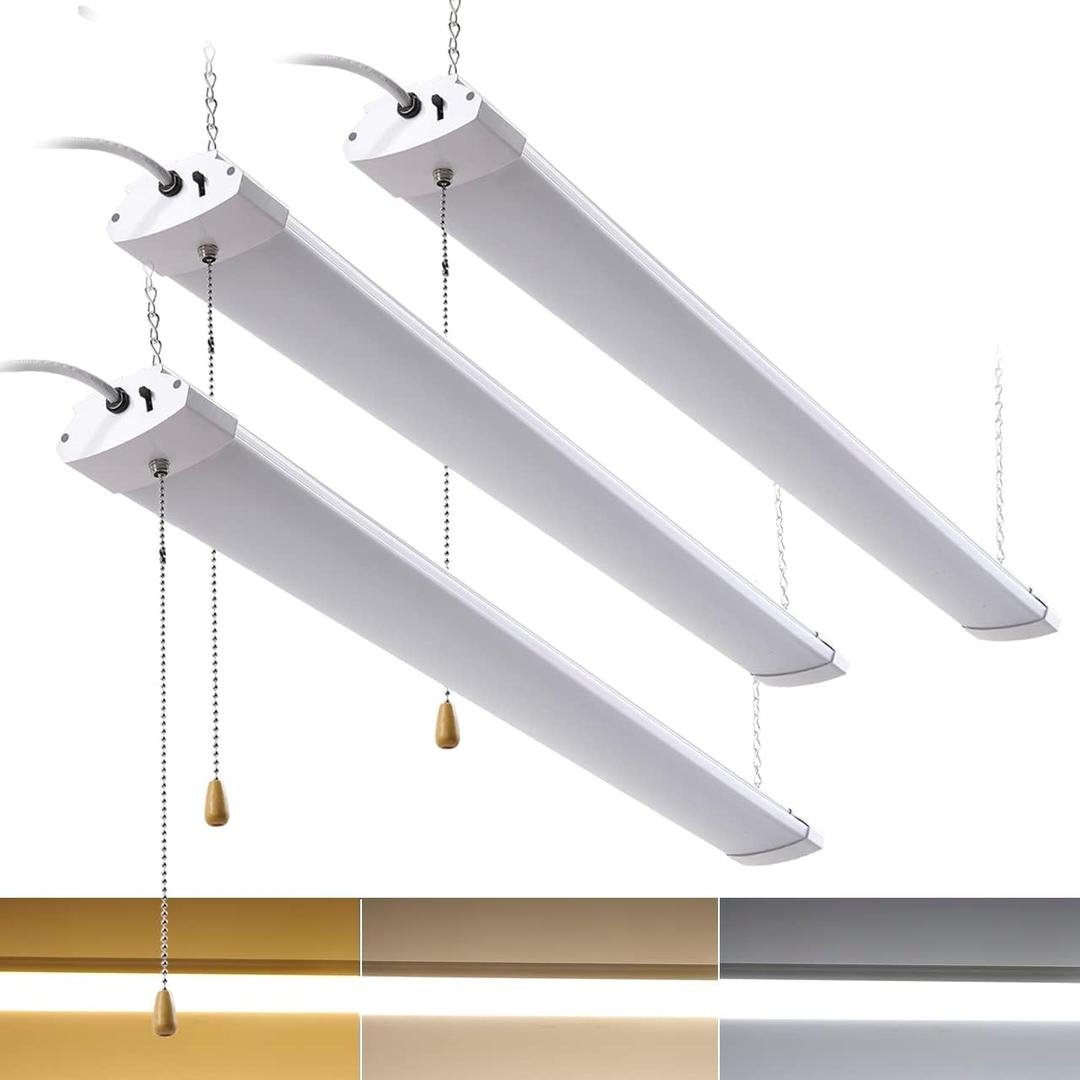 3 Pack 4 Foot LED Shop Light, 4FT 48W 5280lm Linkable LED Shop Light for Garage, 3000K&4000K&5000K Selectable LED Integrated Ceiling Light Fixture,Hanging&Ceiling Mounting with Pull Chain