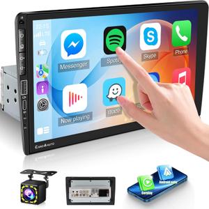 Single Din Car Stereo with Carplay & Android Auto, 9 inch Touchscreen Car Radio with Bluetooth FM Radio Mirror Link for iOS/Android USB/Type-C Input SWC Backup Camera Remote Control