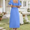 Women Square Neck Short Sleeve Dress 2025 Summer Midi Dresses Crossover Waist Casual Evening Party Vacation Dress (Blue, M)