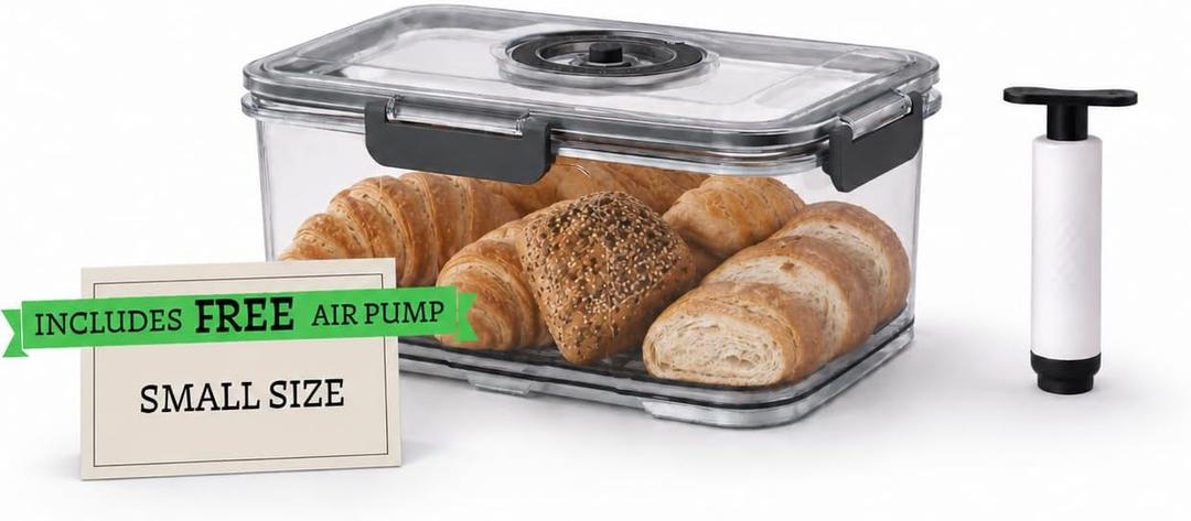 Airtight Bread Box with Manual Air Pump – Kitchen Countertop Bread Storage Container with Date Recording Dial, Silicone Seal – Keeps Homemade Bread, Toast, Bagels & Cookies Fresh Longer (Small)