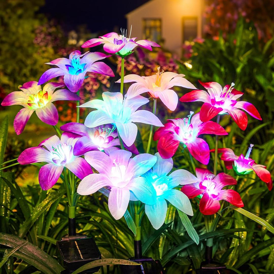 WdtPro Solar Lights Outdoor Waterproof Clearance, 8 Pack RGB Solar Garden Lights with 32 Enlarged Blooming Lily Flowers, 7 Color Changing Solar Lights for Outside Yard, Patio, Decor, Gifts