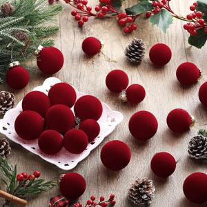 40 Pcs Burgundy Velvet Christmas Balls Flocked Christmas Tree Hanging Ornaments Neutral Shatterproof Plastic Velvet Ball for Xmas Tree Decor