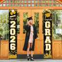 2 x Class of 2026 Graduation Decorations Black and Gold Congrats 2026 GRAD Porch Sign Banner for High School and College Graduation Party Decoration