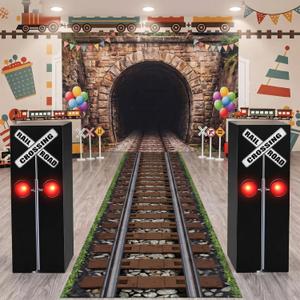 Teenyyou 3 Pcs Train Party Decorations 24 Inch x 20 ft Plastic Railroad Track Aisle Runner 17'' Traffic Crossing Sign Boxes for Wild West Western Home Floor Decor(Classic)