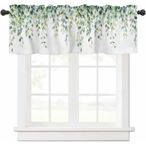 Kitchen Valances for Window, Sage Green Eucalyptus Leaf Spring Watercolor Rod Pocket Curtains, Window Treatment Valance Drapes for Living Room Bedroom,54x18in