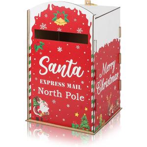 Christmas Mailbox Letters to Santa,Wooden Red North Pole Delivery Mailbox for Santa Claus for Christmas Indoor Outdoor Decor(Red)