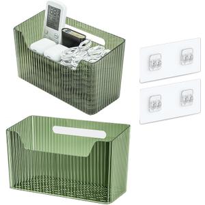 Set Of 2 Storage Organizer Bins Wall Mounted Shower Basket, Shower Caddy Stackable Clear Plastic Makeup Organizer Adhesive Hanging Bin for Bathroom, Kitchen, Cabinet, Pantry, BPA Free, Green