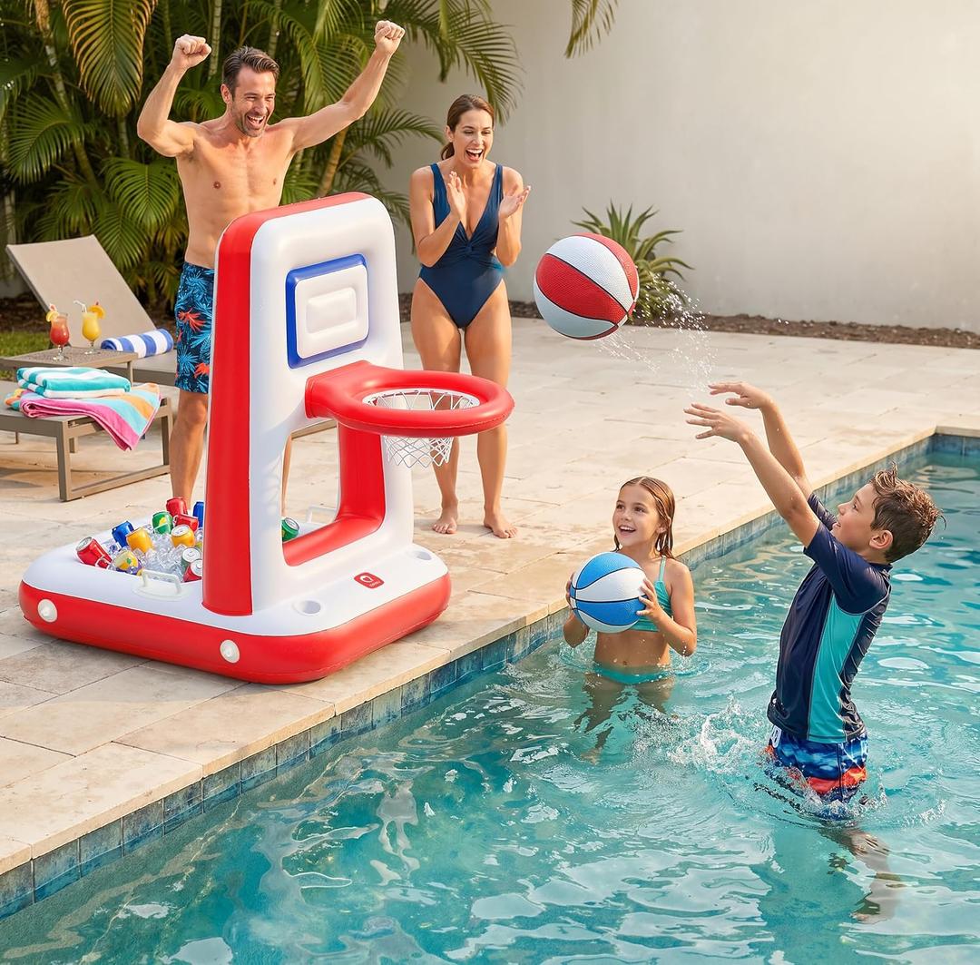 QPAU Pool Basketball Hoop with Built-in Cooler, 42" Poolside & Floating Inflatable Basketball Hoop for Family Pool Party Swimming Pool Games for Kids & Adults, Includes 2 Balls & Pumps