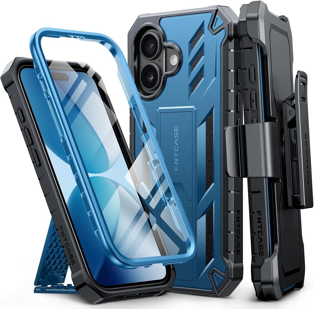 FNTCASE for iPhone 17 Phone Case: Military Grade Rugged Cell Phone Cover with Kickstand & Holster | Shockproof TPU Protection Bumper Matte Textured Design for Phone Cases 6.3 inch-Blue