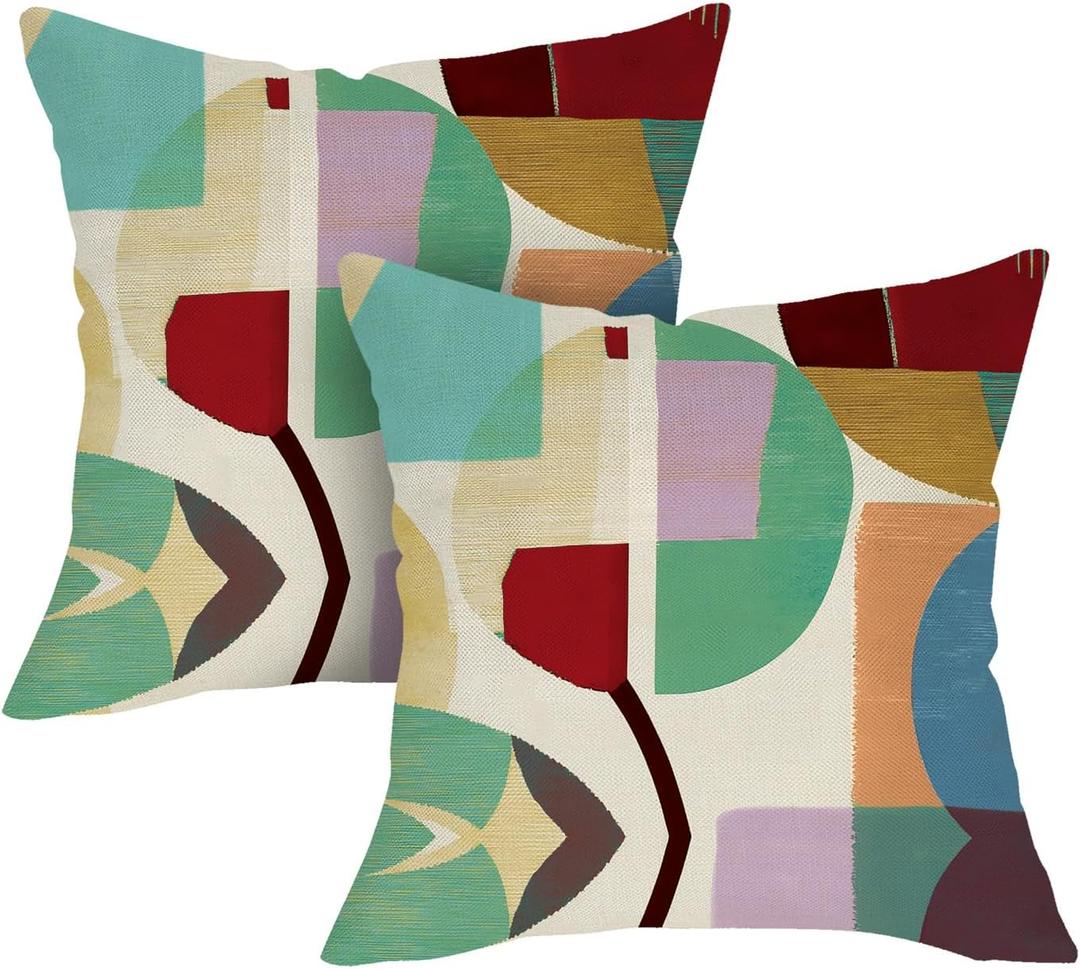 Abstract Geometric Decorative Throw Pillow Covers 18 x 18 Set of 2, Color Block Modern Artistic Porch Outdoor Home Decor, Minimalist Sofa Couch Cushion Case Housewarming Gift