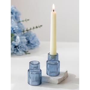 Romadedi Glass Candle Holders for Candlestick - 2 Pcs Blue Tapered Candle Sticks Holder Decor Bulk for Wedding Table Centerpiece Ribbed Taper Holder for Birthday Party Bridal Showers