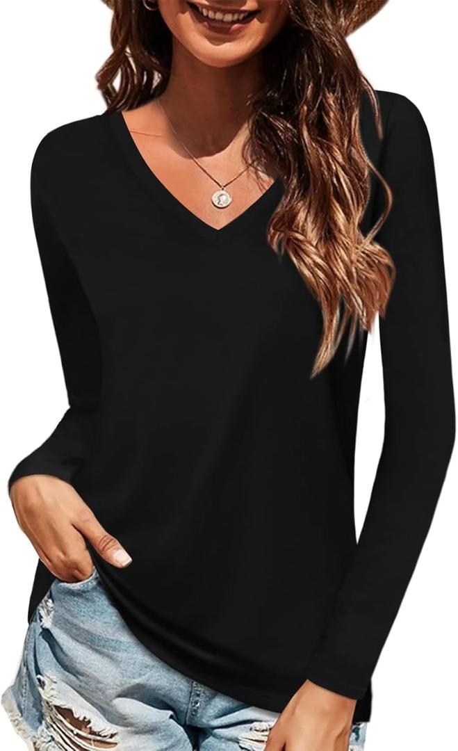 Elesomo Long Sleeve Shirts for Women Cotton Tshirts V Neck Spring Tops Basic Tee (Medium, A1:black)
