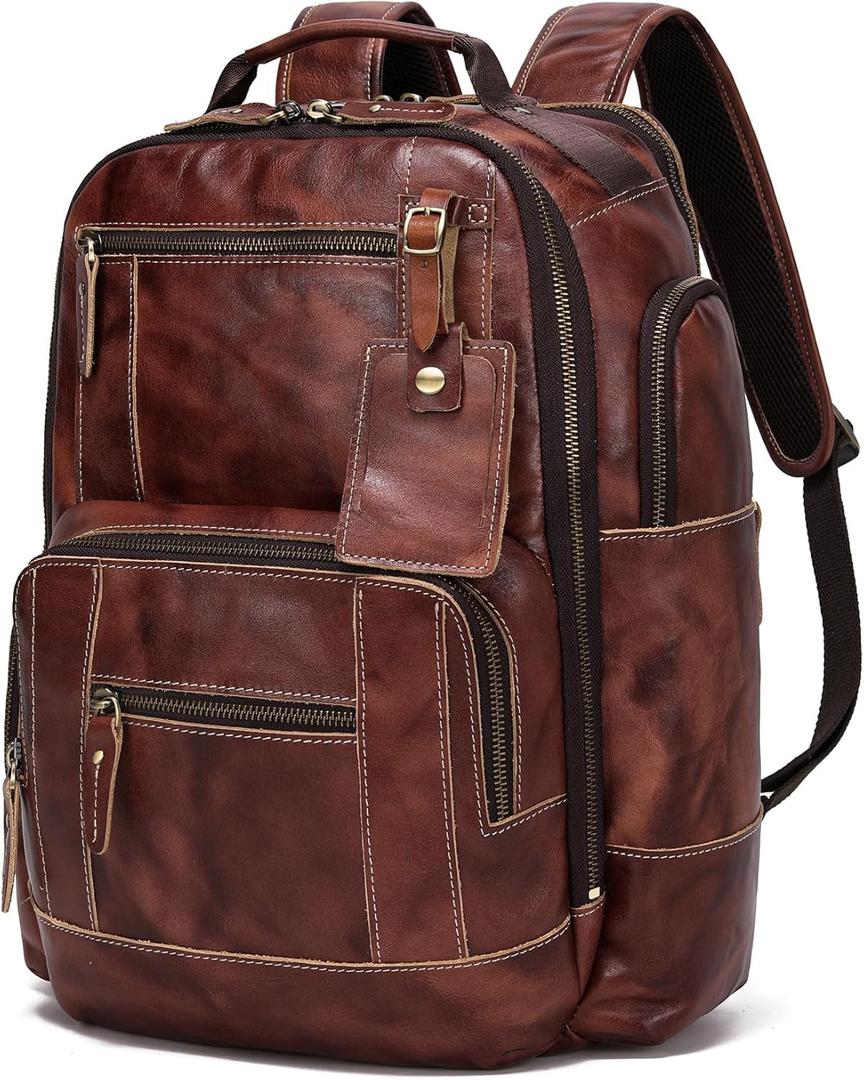 LANNSYNE Full Grain Leather Backpack For Men, Fits 16" Laptop, Coffee