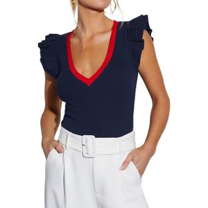 BONITEE Women Summer Ruffle Tops Sexy Deep V Neck Short Sleeve Shirts Trendy Casual Ribbed Slim Fitted Knit Tees Blouse (Large)