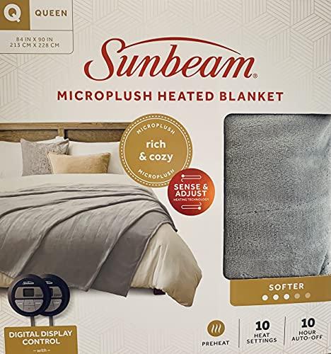 Sunbeam twin Microplush Electric Heated Blanket with 10 Heat Settings, Preheat Feature, 2 Personalized Controllers, UL Certified (Gray)
