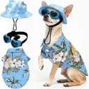 Small Summer T-Shirts Set Include Adjustable Pet Hat with Ear Holes Breathable Hawaiian Dog Shirt Heart Shape Sunglasses Beach Outfit Set for Puppy Small Pets Dog Cat(Blue,S)