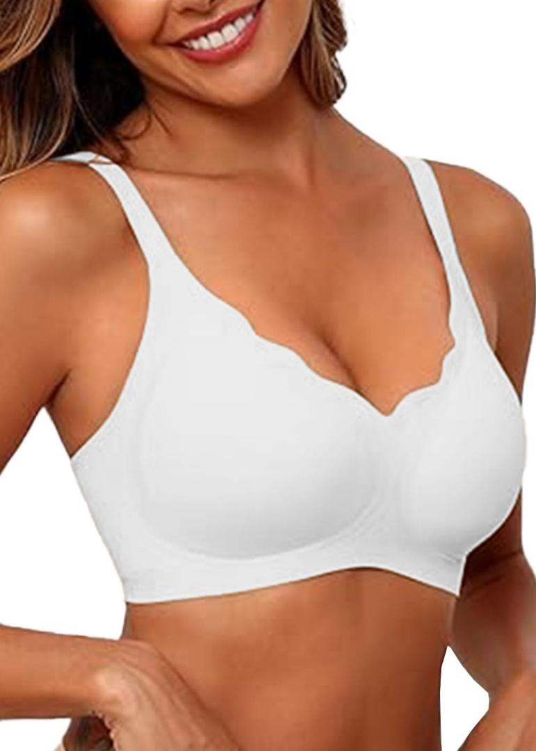 Women's Seamless Bras No Underwire Comfort Bralettes Push Up Bras Wireless Scalloped Full Coverage Everyday Bra (White, L)