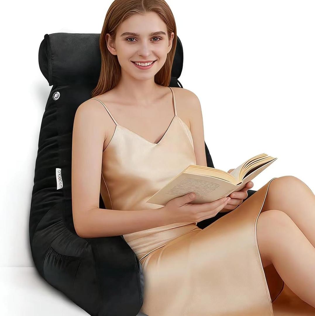 Reading Pillow for Sitting in Bed Adult with Detachable Neck Roll & Big Backrest Pillow for Bed Sitting up with Arms Side Pocket Shredded Foam Large Back Chair Pillow with Washable Cover (Black)