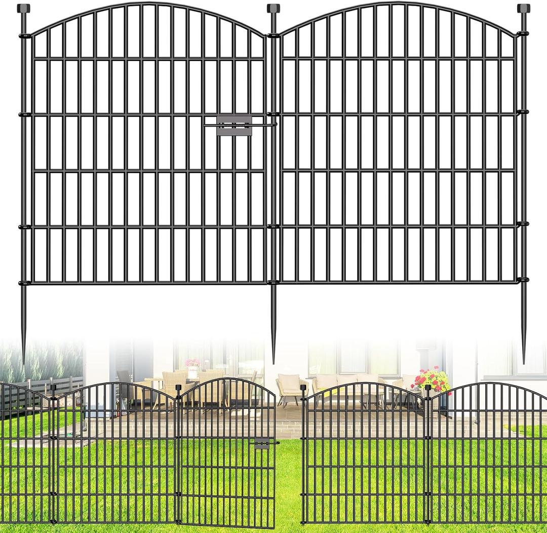 Decorative Garden Fence with Gate, 5 Panels - 32 in (H) x 11.8 ft (L) No Dig Dog Fence Outdoor for Yard, Rustproof Tall Garden Fencecing Panels, Animal Barrier Suitable for Yard Border, Patio