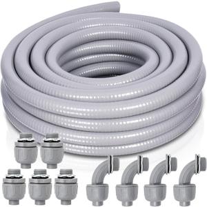 1 Inch 15 FT Non Metallic Liquid-Tight Conduit and Connector Kit - Includes 5 Straight and 4 Angle Fittings for Electrical Wiring