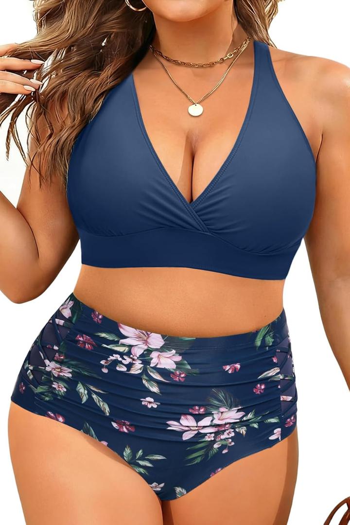 Yonique Women's Plus Size Bikini High Waisted Swimsuits Two Piece Bathing Suits Tummy Control Swimwear (Blue Flower, 14 Plus)