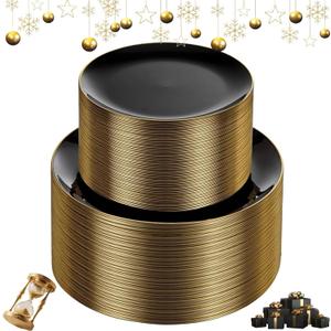 KIRE 100PCS Black and Gold Plates - Black Plastic Plates Disposable with Gold Rim for Halloween Party/Wedding/Birthday Include 50Pcs 10.25inch for Dinner and 50Pcs 7.5inch for Dessert/Salad