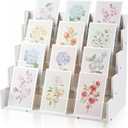Yuntau 4 Tier Greeting Card Display Stand White Bamboo and Acrylic Sticker Display Stand Trading Card Holder Retail Photos Shelf for Vendors Craft Collection & Show