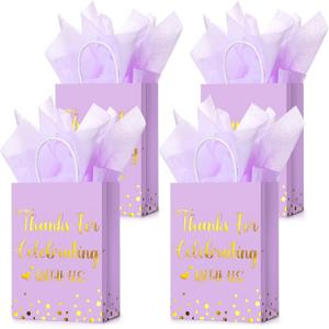 TaoBary 24 Pcs Wedding Gift Bag with Tissue Paper Thanks for Celebrating with Us Paper Bags with Handle for Hotel Guests Wedding Gift Favor for Bridal Shower Party(Light Purple)