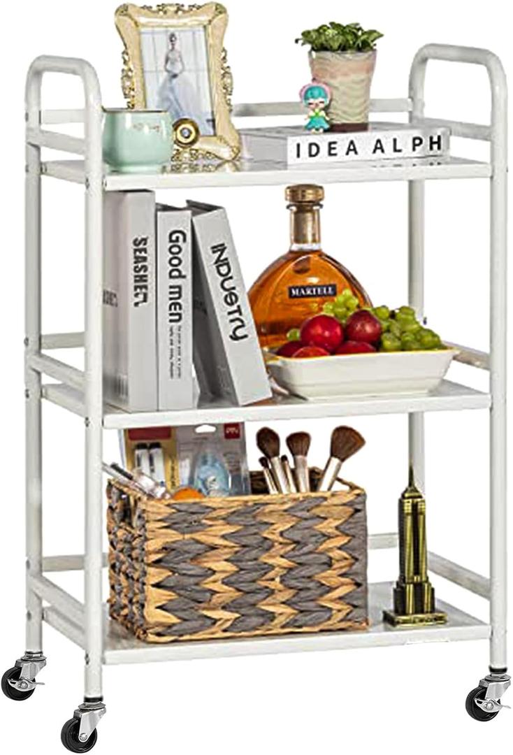 HDANI 3 Tier Rolling Cart Shelves,Heavy Duty Multifunctional Metal Frame-Supports 22 Lbs Per Tier,Rolling Cart with 2 Lockable Wheels for Home, Office,Kitchen,Bathroom,Bedroom,White, Small