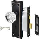 Mortise Lock Set for Interior Door, Vintage Door Knobs with Lock and Skeleton Key, Crystal Glass Door Knobs, Oil Rubbed Bronze Finish
