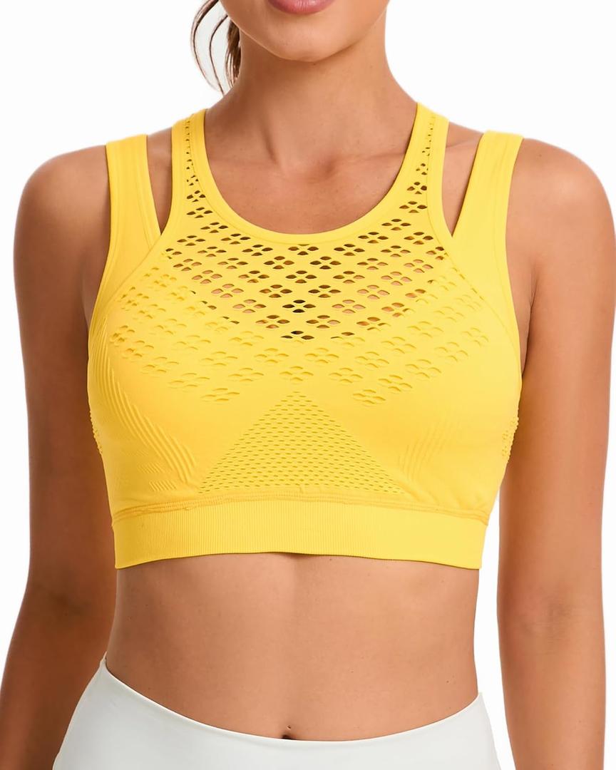 RUNNING GIRL Sports Bras for Women High Support,Seamless Ribbed Longline High Neck Sports Bra Racerback Padded Crop Top Yoga (Yellow, XL)