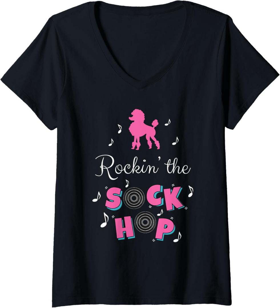 Womens Sock Hop Costume Girls Women Pink Poodle V-Neck T-Shirt, Size XL