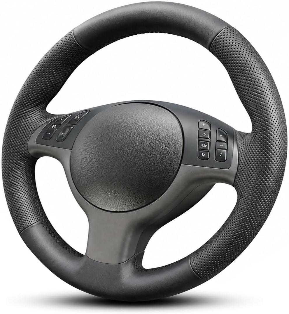 Hand Stitch Steering Wheel Cover | Heavy Duty Customized Fit for Fit for BMW E39 E46 Anti-Slip Perforated Leather Black