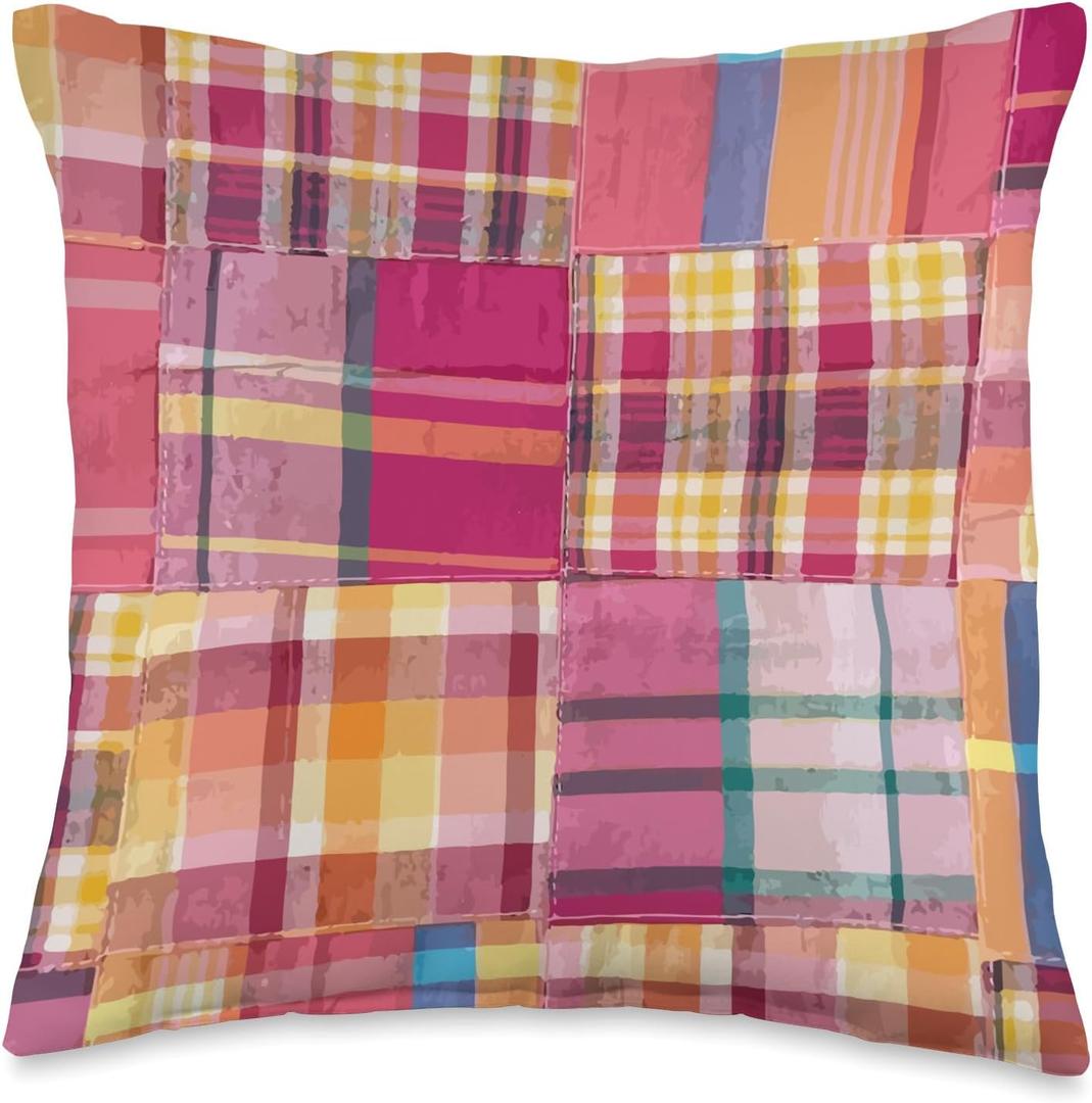 Cute Preppy Madras Plaid Patchwork Summer Pattern Throw Pillow, 16x16