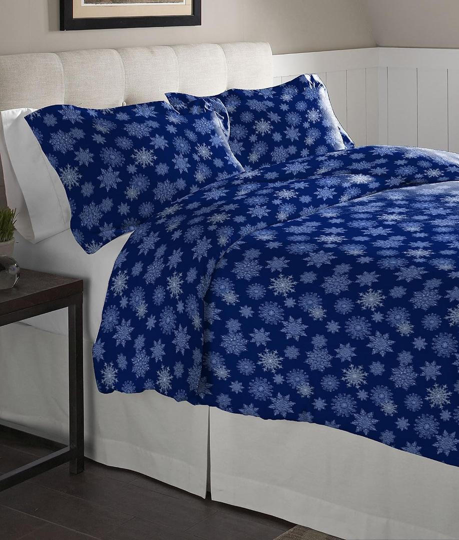 Pointehaven Flannel Oversized Duvet Set, Twin, Snow Flakes Navy