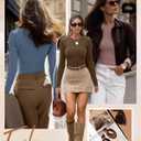 Ficerd 3 Pack Women's Ribbed Long Sleeve Tops, Crew Neck Slim Fit Undershirts Knit Basic Casual Stretch Layering Tee Shirts (Medium, Light Haze Blue, Red Bean Paste, Cold Brown)