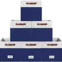 6 Pack Collapsible Fabric Storage Cubes with Handles & Label Holders, Closet Cube Home Organizer Bins (White/Navy Blue, 13 x 13 x 13 inch)