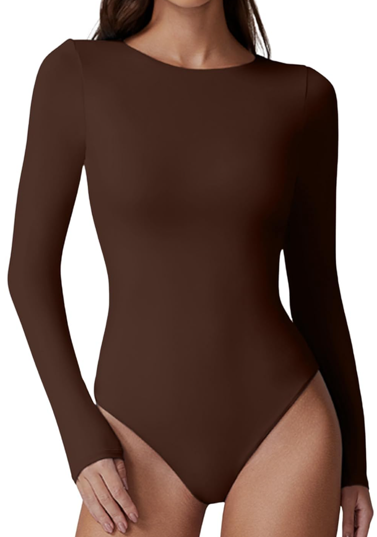 Womens Crew Neck Long Sleeve Bodysuit Double Lined Body Suits Basic T-Shirt Tops XS
