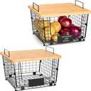2 Set XXL Stackable Wire Basket with Bamboo Tops & Tag- Pantry Organizer and Storage Bins, Kitchen Counter Cabinet Shelf Countertop Under Sink Organizing, Food Snack Produce Onion Potato Bread Storage