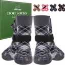 EXPAWLORER Dog Socks to Prevent Licking Paws,Dog Shoes for Hot Pavement,4 Pcs Double Sided Anti Slip Dog Socks with Grippers,Dog Booties for Small Medium Large Senior Dogs,British Style,Black M