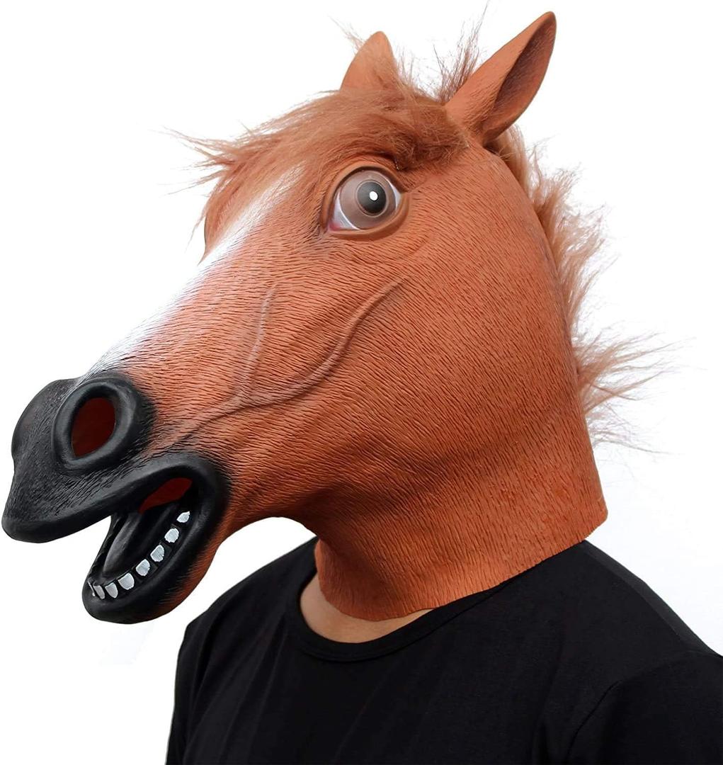 Creepy Party Horse Head Mask - Animal Halloween Costume for Parties, Cosplay, Photo Booth Props, And Pranks - Funny Gag Gift for Adults, Brown