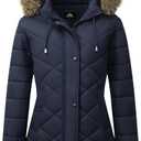 Women's Long Warm Winter Coat Windproof Thickened Fleece Lined Down Jacket Waterproof Puffer Outerwear with Removable Hood (Large, Navy)