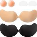 Sticky Bra Adhesive Push Up Invisible Strapless Bras for Women 2 Pairs Reusable with Nipple Covers for Backless D