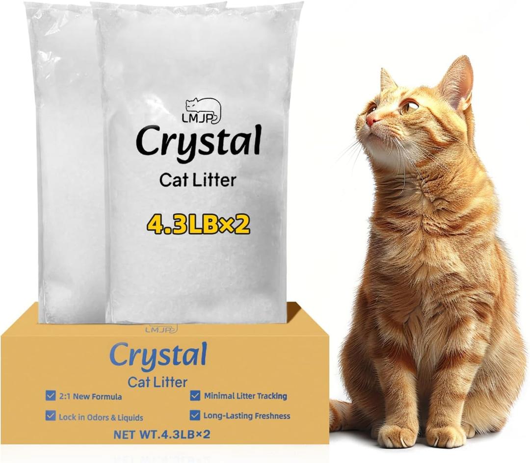 LMJP Crystal Cat Litter with Powerful Odor Control, Non-Clumping, Lasts Up to 2 Months, 8.6lb, Rapid Water Absorption, Unscented & Low Tracking Lightweight White Silica, 2 Pack of 4.3lb