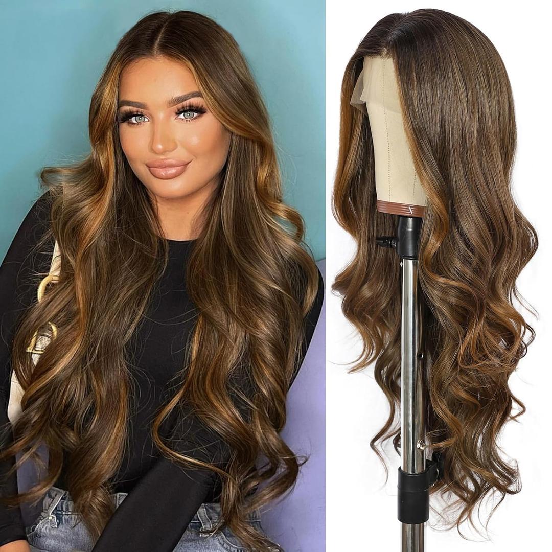 SAPPHIREWIGS Long Brown Wavy Wig for Women 134 Highlight Brown Glueless Synthetic Curly Wigs Invisible Knots for Daily Cosplay Use 26 Inch