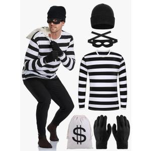 URATOT Halloween Robber Costume Set, Include Striped Long Sleeve T-Shirt Knit Cap Gloves Canvas Bags and Eye Mask, Size L