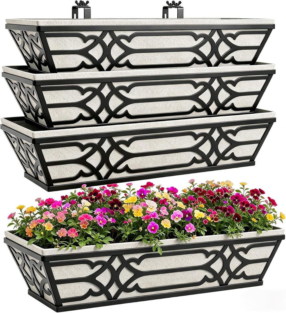 Window Planter Box, Railing Planter Box with Non-Woven Fabric Liners, 4 Pack 24" Hanging Flower Baskets for Outdoor Plants, Metal Deck Railing Planters with Adjustable Brackets, Apartment Balcony