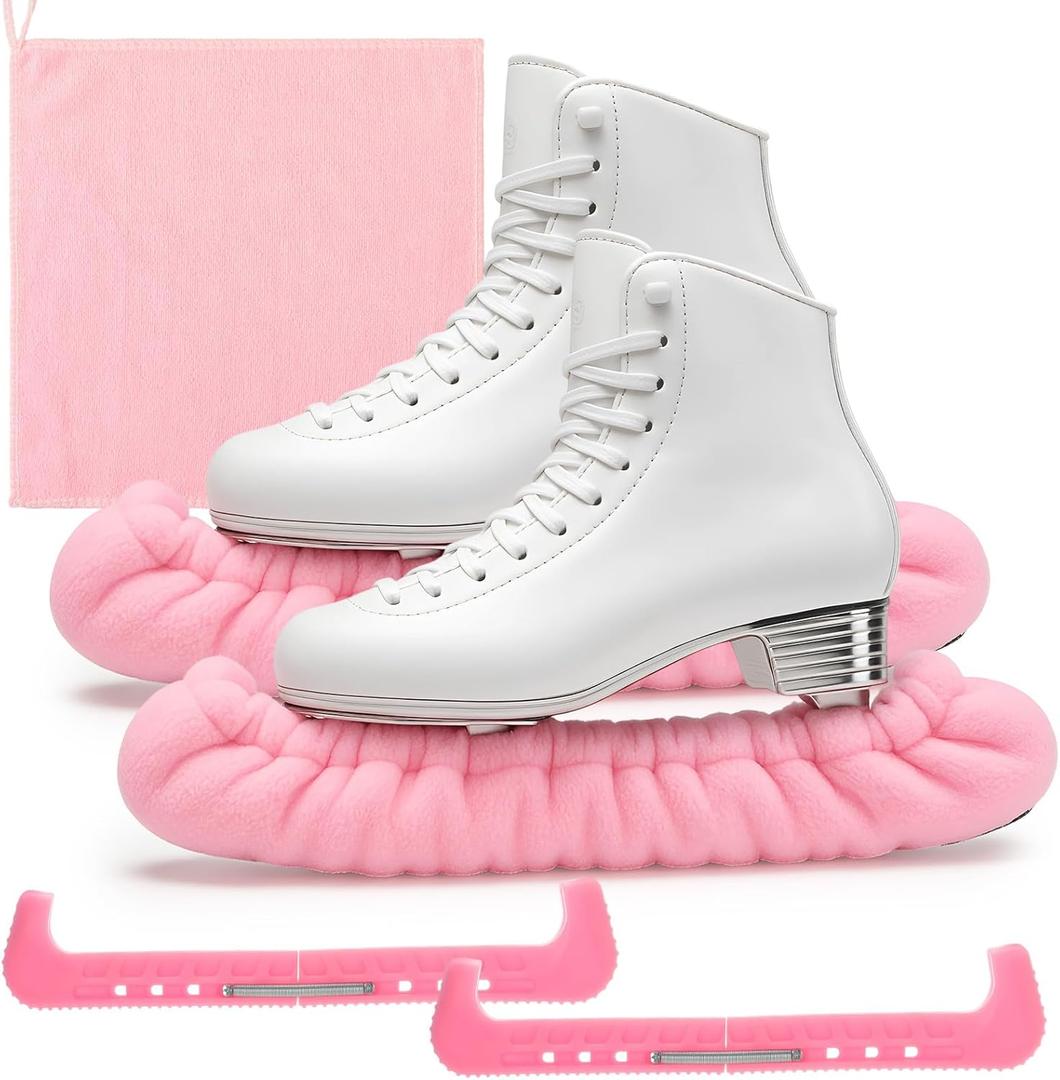 Soulchen Skate Guards Soakers and Towel Gift Set Ice Skating Guards Soft Skate Blade Covers Blade Protector for Figure Skating Skater Hockey Gift (Medium, pink)