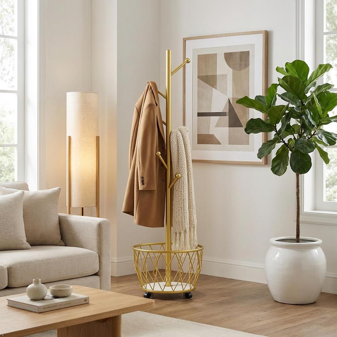 Gold Moveable Tree Metal Coat Rack with Basket Freestanding 65"