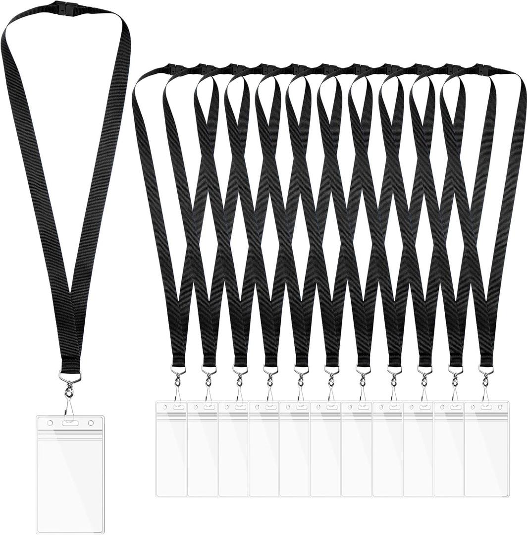 WEZEBEL 12-Pack Black Breakaway Lanyards with Waterproof Badge Holders, Polyester Neck Straps for ID Cards, Events, Office, and Schools
